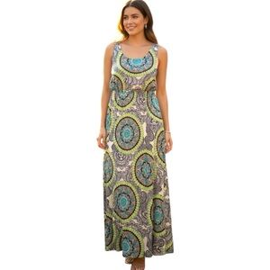 Vintage Vestique Printed Lime Green& Turquoise &Navy Maxi Dress Racerback Back L